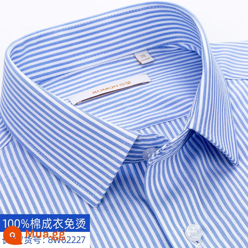 Áo sơ mi romon cotton không có sắt nam dài tay mùa xuân 2023 và thanh niên trung niên kinh doanh trang trọng áo sơ mi cotton sọc xanh giản dị - 8W62227