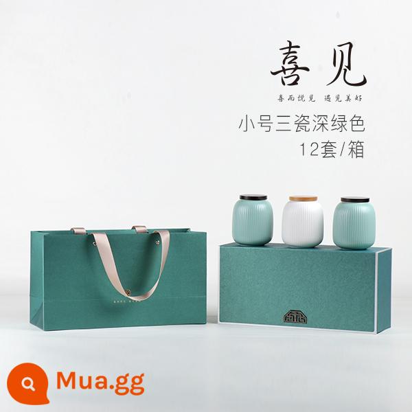 Trà thiếc hộp quà tặng bao bì hộp bình gốm boutique hộp hộp trà Năm mới lễ hội mùa xuân trà hộp rỗng hộp trà - Vui mừng khi thấy ba sứ nhỏ màu xanh đậm