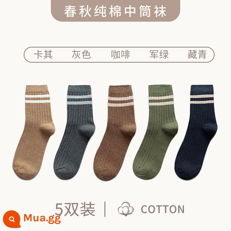 Zhuji Sock Men Mid -winter Mid -worn Cotton Anti -deat Sweat Sports Stocking làm cho mùa thu và mùa đông cộng với vớ sâu - "5 đôi" kaki + xám + cafe + xanh bộ đội + xanh navy