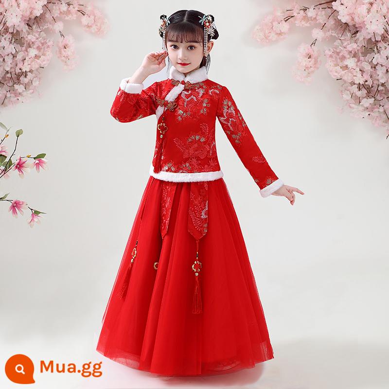 Váy Hanfu trẻ em cho bé gái mùa thu và mùa đông Cổ áo mùa thu Váy mùa đông siêu cổ tích Quần áo trẻ em phong cách Trung Hoa Bộ đồ mùa đông cho bé gái Tang - lông cừu đỏ