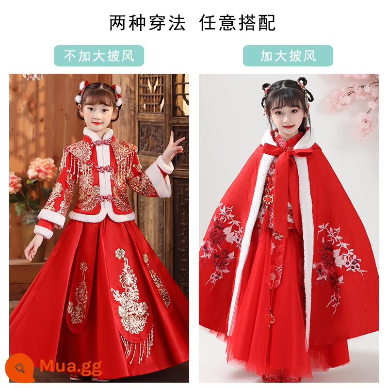 Hanfu Girls Mùa đông Tết nguyên đán Phong cách Trung Quốc Tang Suit màu đỏ Quần áo đêm giao thừa cho bé Quần áo mùa đông năm mới Trang phục cổ của trẻ em Mùa đông - A472 nhung đỏ + áo choàng