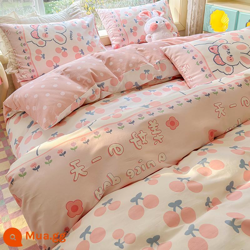 Hoạt Hình Bộ 4 Món Cotton 100 Cotton Vỏ Chăn Ga Giường Lưới Đỏ Ký Túc Xá Sinh Viên Giường 3 Món Bộ Vỏ Chăn Ins Phong Cách - Thỏ anh đào [bông]