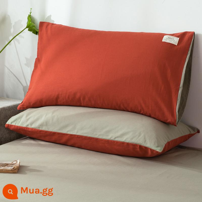 Vỏ gối cotton nguyên chất đã giặt, một cặp 100 vỏ gối cotton, vỏ lót lõi gối đơn và đôi phong cách mùa đông - [cặp] cotton màu đỏ tía và xanh nhạt