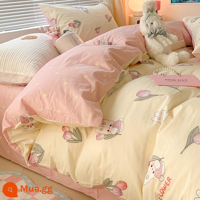 Hoạt Hình Bộ 4 Món Cotton 100 Cotton Vỏ Chăn Ga Giường Lưới Đỏ Ký Túc Xá Sinh Viên Giường 3 Món Bộ Vỏ Chăn Ins Phong Cách - Chú thỏ mềm mại dễ thương Tulip [Cotton]