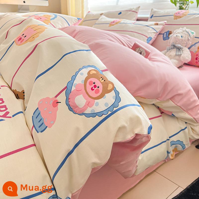 Bộ bốn mảnh giường cotton nguyên chất hoạt hình 100 cotton dễ thương Bộ đồ giường trẻ em ký túc xá sinh viên Khăn trải giường và vỏ chăn Bộ ba mảnh 4 - Em bé dễ thương [100% cotton]