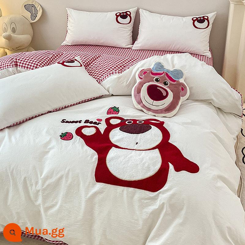 Hoạt Hình Disney Cotton Nguyên Chất 4 100 Cotton Bé Gái Trái Tim Giường Mùa Hè Vỏ Chăn Ký Túc Xá Giường 3 Bộ - Gấu dâu dễ thương [bông]