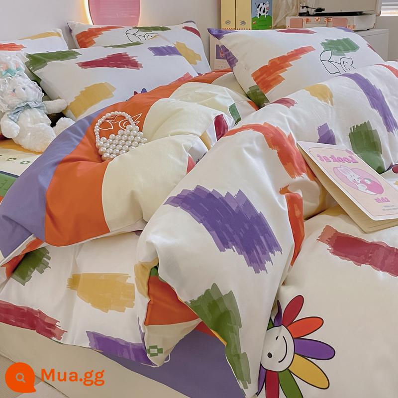 Ins 4 Bộ 100 Cotton Nguyên Chất Cotton Vỏ Chăn Phong Cách Bắc Âu Nhỏ Tươi Giường Đơn Vỏ Chăn 3 bộ Chăn Ga Gối - Màu nước hướng dương-bông