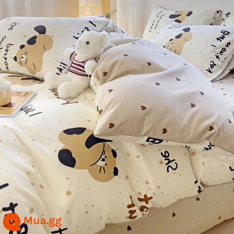 Bộ bốn mảnh giường cotton nguyên chất hoạt hình 100 cotton dễ thương Bộ đồ giường trẻ em ký túc xá sinh viên Khăn trải giường và vỏ chăn Bộ ba mảnh 4 - Mèo mũm mĩm màu nâu [100% cotton]