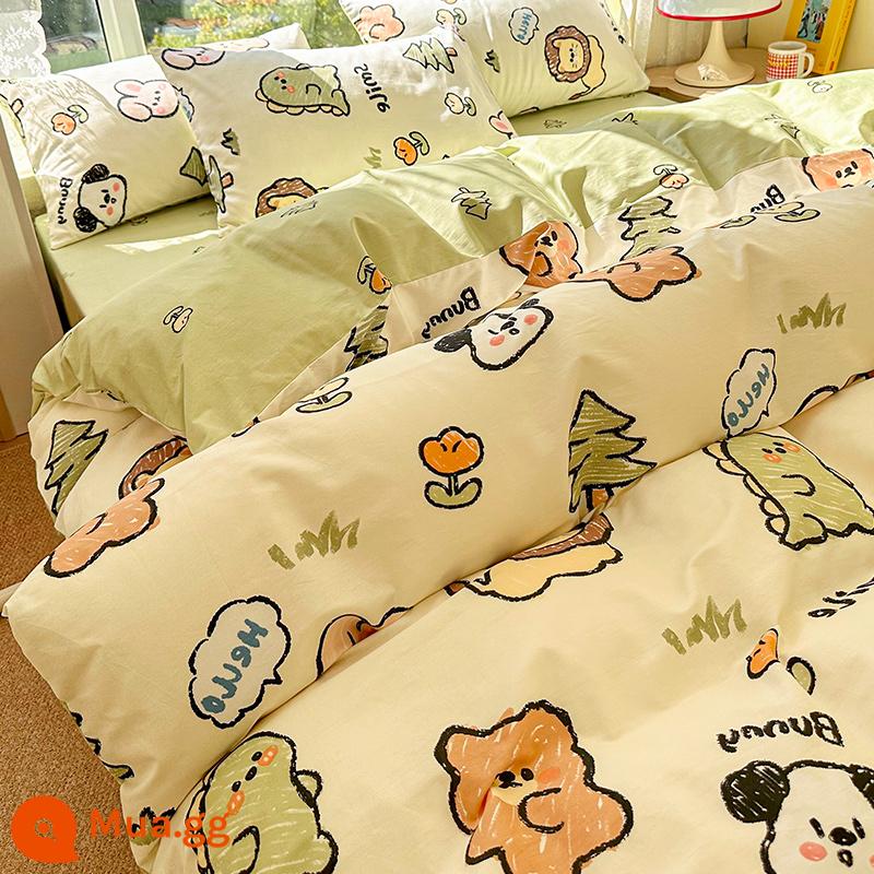 Hoạt Hình Bộ 4 Món Cotton 100 Cotton Vỏ Chăn Ga Giường Lưới Đỏ Ký Túc Xá Sinh Viên Giường 3 Món Bộ Vỏ Chăn Ins Phong Cách - Thế Giới Động Vật [Bông]