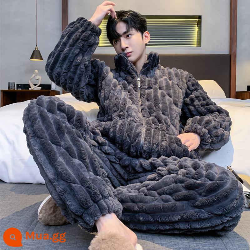 Bộ đồ ngủ nam mùa đông 3 lớp dày dặn chần bông cực dày dây kéo cộng nhung san hô nỉ flannel mặc nhà thu đông - [Chải bông cổ cao có khóa kéo] 2840 nam