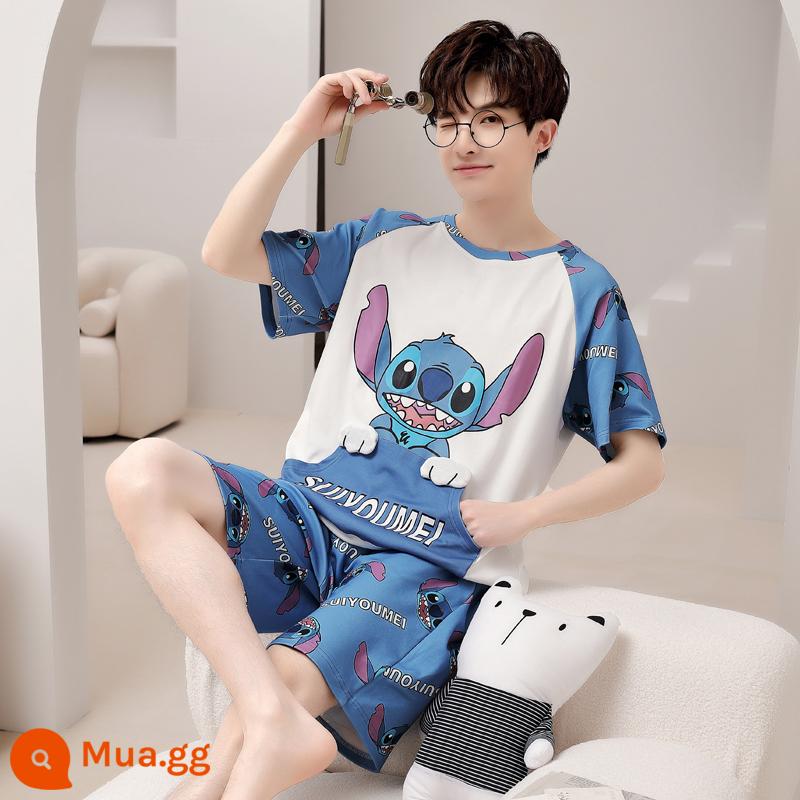 Bộ đồ ngủ nam cotton mùa hè tay ngắn hoạt hình trẻ trung mùa hè mỏng phần cotton phục vụ tại nhà phù hợp với sinh viên - Khâu túi N2029