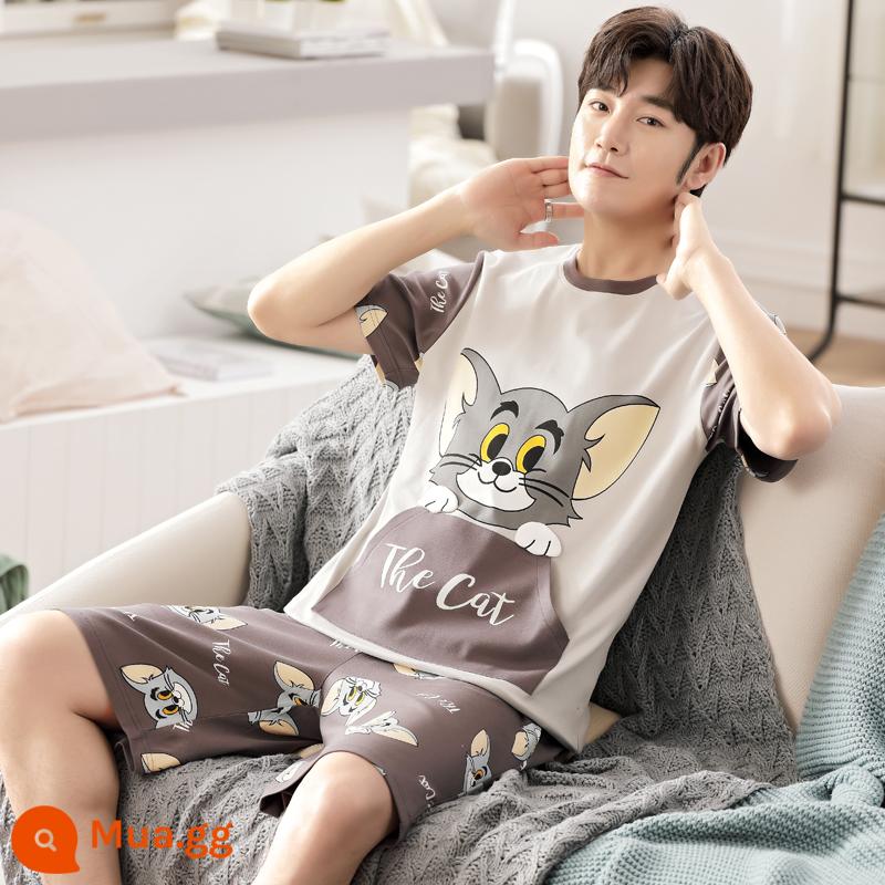 Bộ đồ ngủ nam cotton mùa hè tay ngắn hoạt hình trẻ trung mùa hè mỏng phần cotton phục vụ tại nhà phù hợp với sinh viên - D6508 Mèo Tom bỏ túi