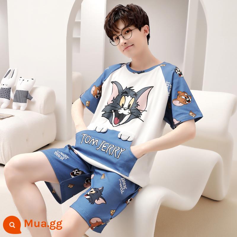 Bộ đồ ngủ nam cotton mùa hè tay ngắn hoạt hình trẻ trung mùa hè mỏng phần cotton phục vụ tại nhà phù hợp với sinh viên - Tom bỏ túi N2030