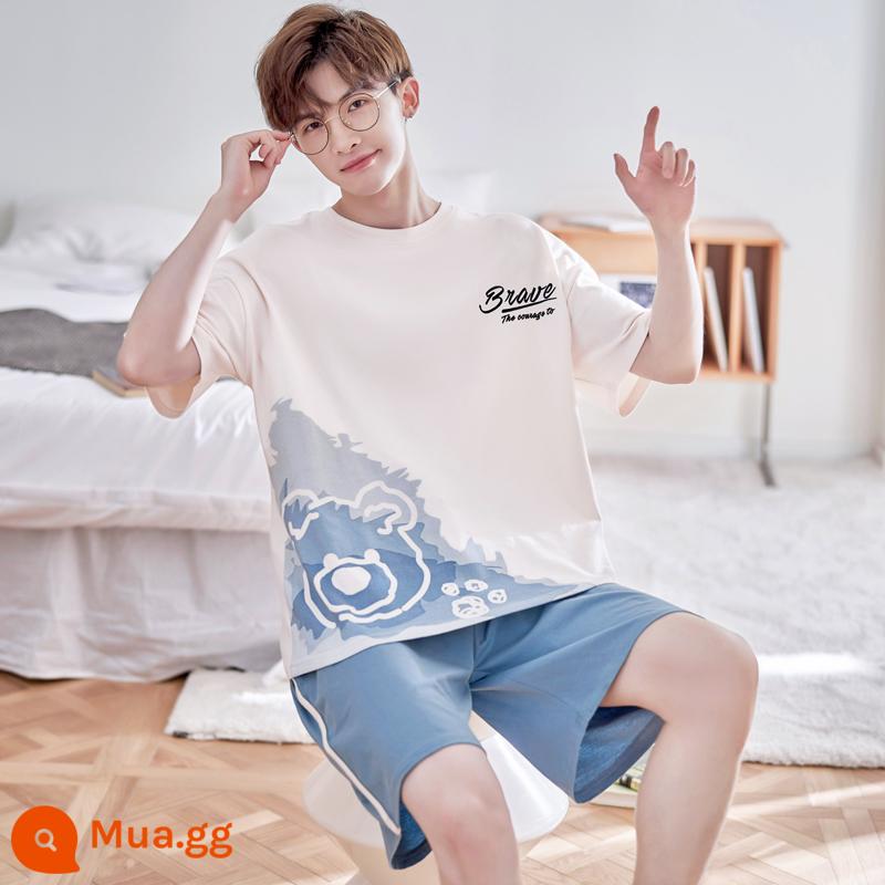 Bộ đồ ngủ nam cotton mùa hè ngắn tay thanh niên quần áo ở nhà mùa hè bé trai mỏng phần bé trai cotton - D1498