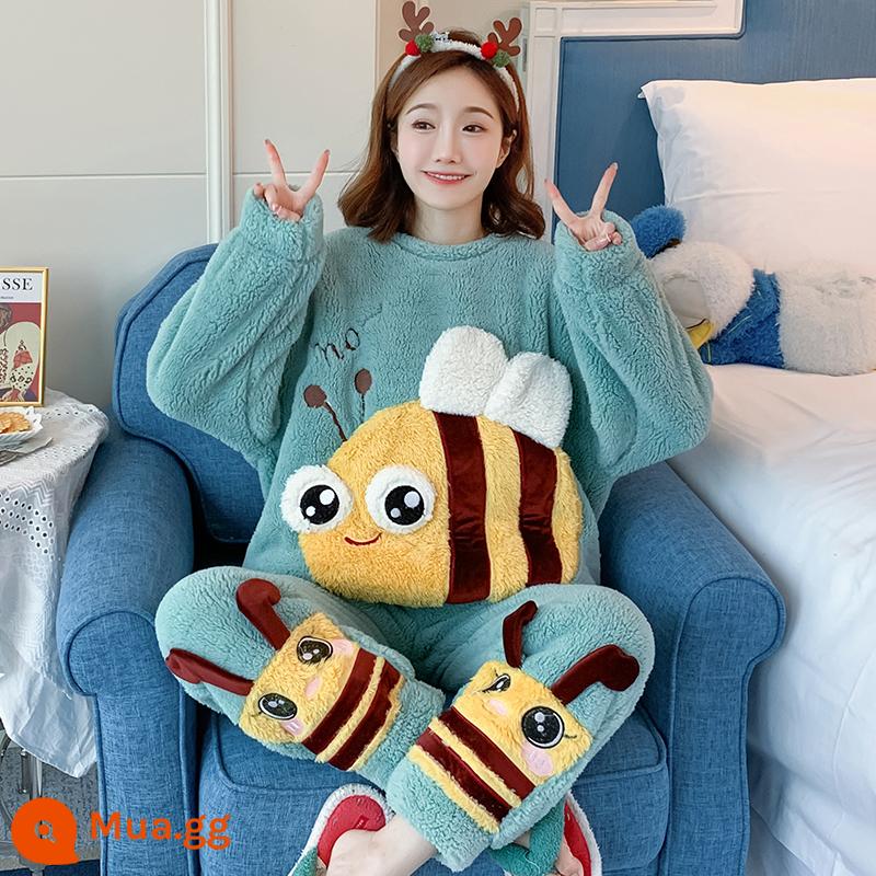 Phụ nữ san hô nhung pyjamas mùa thu và mùa đông dày lên và nhung thiếu niên mùa đông được rót mũ trùm đầu hoạt hình lớn - F882