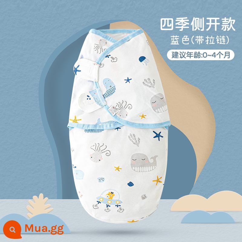 Túi ngủ sơ sinh Tongtai chống sốc bọc trẻ sơ sinh cotton nguyên chất chống sốc hiện vật sơ sinh bốn mùa có chăn và chăn bông - Chiến dịch giải cứu - Màu xanh [Một lớp có dây kéo]