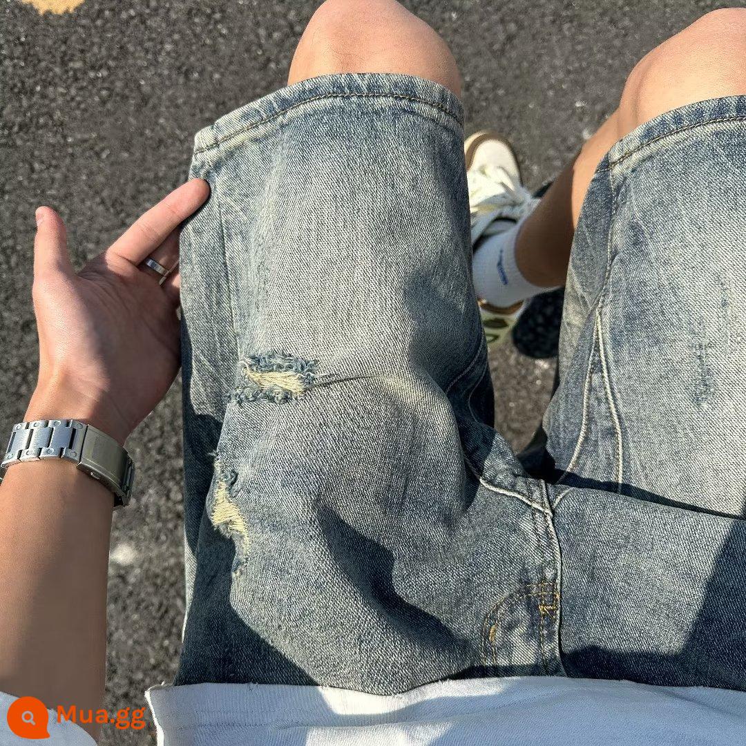 Quần short denim rách nam mùa hè 2023 phong cách Mỹ mới retro đã giặt quần ống rộng triều thương hiệu thẳng quần năm điểm - màu xanh da trời