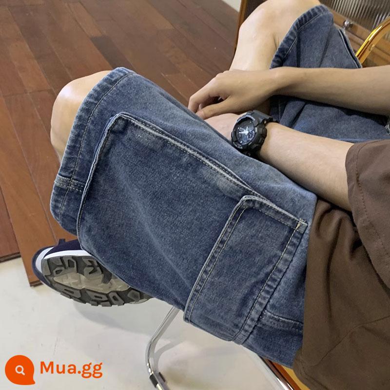 Quần short denim rách nam mùa hè 2023 phong cách Mỹ mới retro đã giặt quần ống rộng triều thương hiệu thẳng quần năm điểm - Màu xanh hải quân