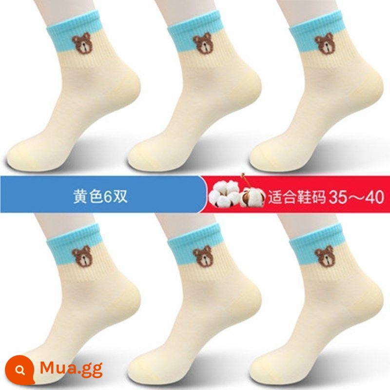 Tất cotton 100% nguyên chất cho nữ, vớ cotton dài đến bắp chân phong cách Hàn Quốc bốn mùa thời trang và dễ thương cho nữ hoạt hình mùa thu đông tất cotton cho mùa thu - 6 đôi - 6 đôi màu vàng, cotton nguyên chất, không hôi chân