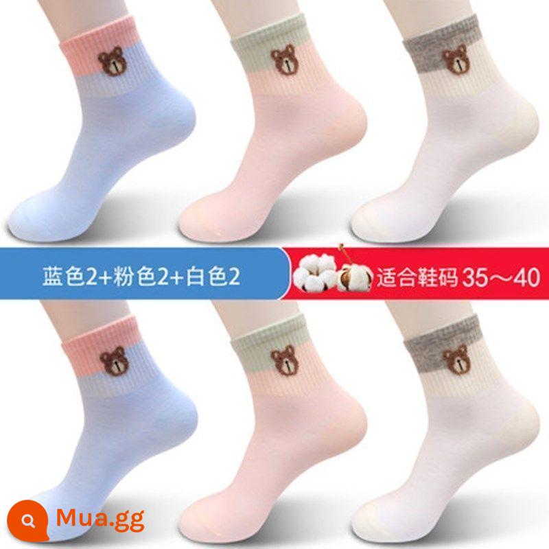 Tất cotton 100% nguyên chất cho nữ, vớ cotton dài đến bắp chân phong cách Hàn Quốc bốn mùa thời trang và dễ thương cho nữ hoạt hình mùa thu đông tất cotton cho mùa thu - 6 đôi - 2 xanh, 2 hồng, 2 trắng, cotton nguyên chất, không hôi chân