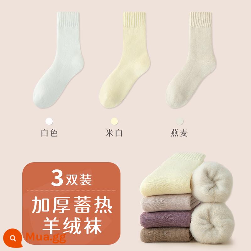 Tất len ​​cashmere dành cho nữ trong mùa thu đông Tất len ​​dài đến bắp chân dày dặn và ấm áp Tất cotton nguyên chất không xương giữ ấm mùa đông cộng với tất nhung - [3 đôi/vải cashmere mềm thân thiện với da] trắng + trắng nhạt + bột yến mạch