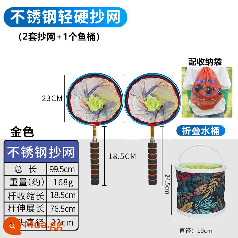 Lưới đánh cá trẻ em bắt bướm lưới đánh cá lưới đánh cá bỏ túi dụng cụ câu cá trẻ em có thể thu vào cần câu cá bể cá nhỏ đồ chơi cá vàng - [Bộ cho 2] 2 bộ lưới đánh cá inox + 1 xô đựng cá