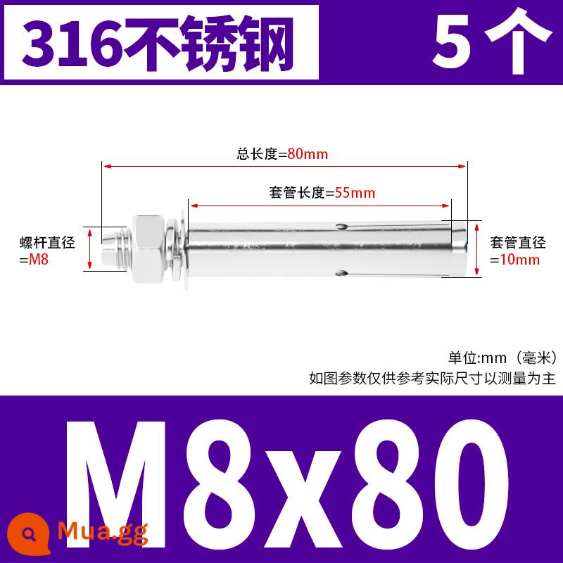 Vít mở rộng 6 mm vít mở rộng bên ngoài sắt mạ kẽm kéo vít nổ hoàn chỉnh ống mở rộng tiêu chuẩn quốc gia M8M10M12 - M8*80 (5 cái) chất liệu 316