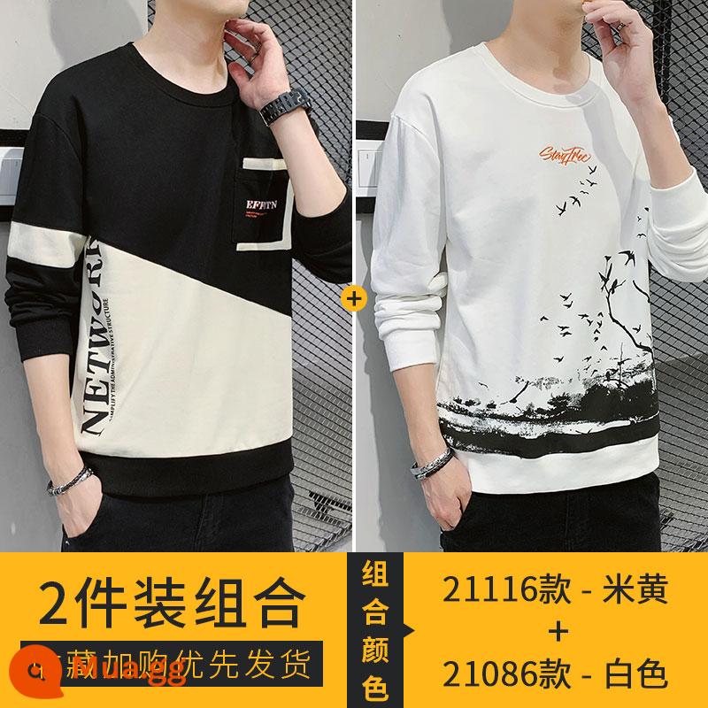 Nanjiren Áo Thun Dài Tay Nam Xuân Thu 2023 Mới Cotton Dày Dặn Áo Sơ Mi Nam Thu Đông Đáy Quần Áo - 21116 màu be + 21086 màu trắng