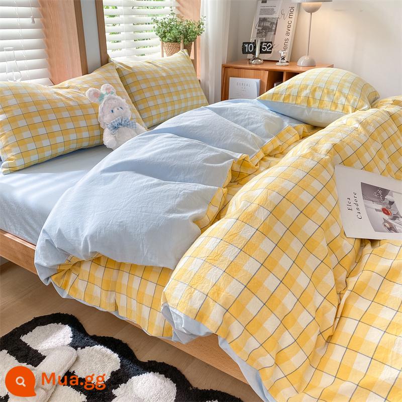 Chăn bông đã giặt vỏ chăn đơn mảnh 200x230 bông cotton nguyên chất 150x200 ký túc xá đơn chải ga trải giường chăn ga trải giường - màu vàng nhạt