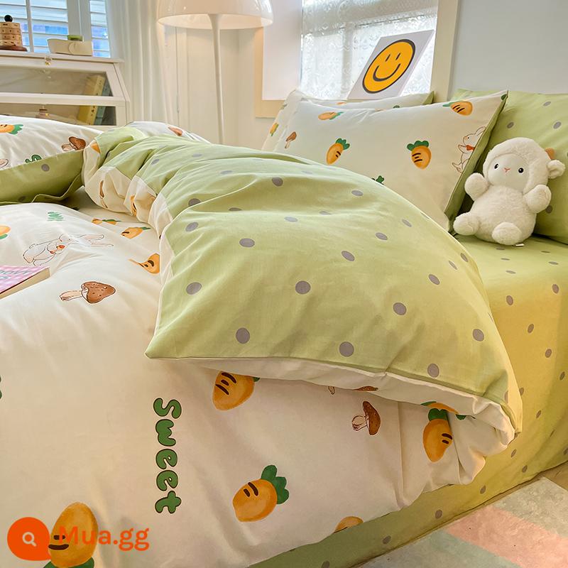 Bộ 4 món giường cotton nguyên chất theo phong cách Ins 100 cotton chăn ga gối trẻ em hoạt hình ký túc xá bộ 3 món chăn ga gối trang bị ga - Cà rốt và thỏ