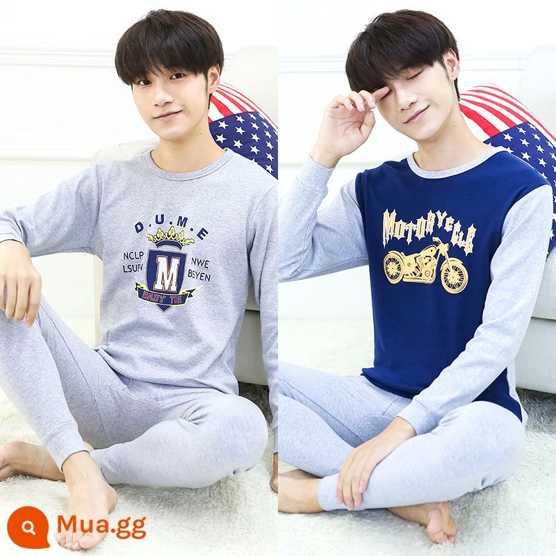 Thanh niên quần áo mùa thu quần vệ sinh phù hợp với cotton nguyên chất nam big boy trường trung học cơ sở học sinh trung học sưởi ấm quần áo cotton áo len cotton - A7) Xe máy màu xám Heather M + xanh navy (hai bộ cổ tròn)