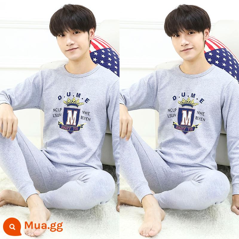 Thanh niên quần áo mùa thu quần vệ sinh phù hợp với cotton nguyên chất nam big boy trường trung học cơ sở học sinh trung học sưởi ấm quần áo cotton áo len cotton - A1) Xám thạch nam M + xám thạch nam M (hai bộ cổ tròn)