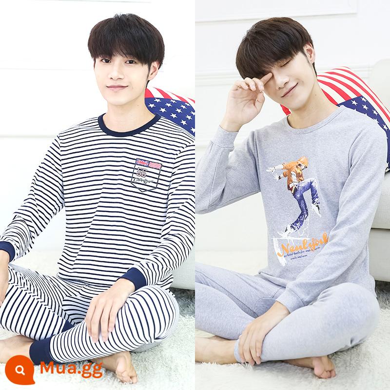 Thanh niên quần áo mùa thu quần vệ sinh phù hợp với cotton nguyên chất nam big boy trường trung học cơ sở học sinh trung học sưởi ấm quần áo cotton áo len cotton - A31) Sọc xanh navy + xám nước chơi (hai bộ cổ tròn)