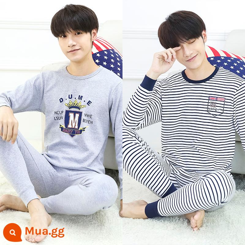 Thanh niên quần áo mùa thu quần vệ sinh phù hợp với cotton nguyên chất nam big boy trường trung học cơ sở học sinh trung học sưởi ấm quần áo cotton áo len cotton - A4) Xám thạch nam M + sọc xanh navy (hai bộ cổ tròn)