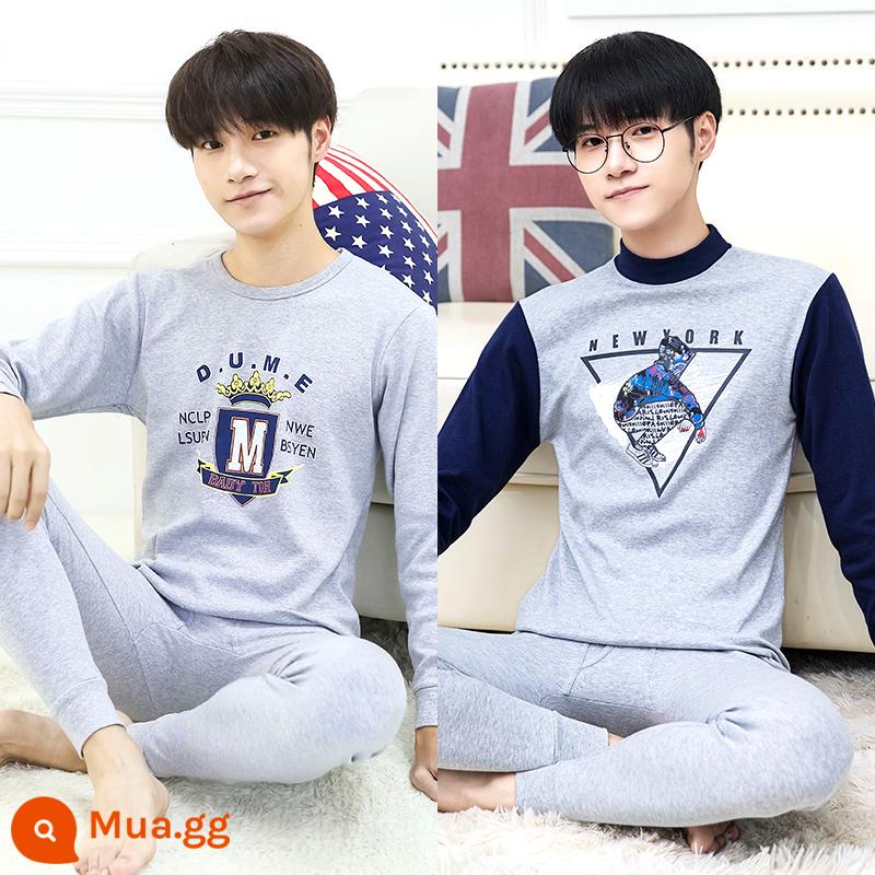 Thanh niên quần áo mùa thu quần vệ sinh phù hợp với cotton nguyên chất nam big boy trường trung học cơ sở học sinh trung học sưởi ấm quần áo cotton áo len cotton - B4) Xám thạch M (cổ tròn) + tam giác xanh navy (cổ giữa)