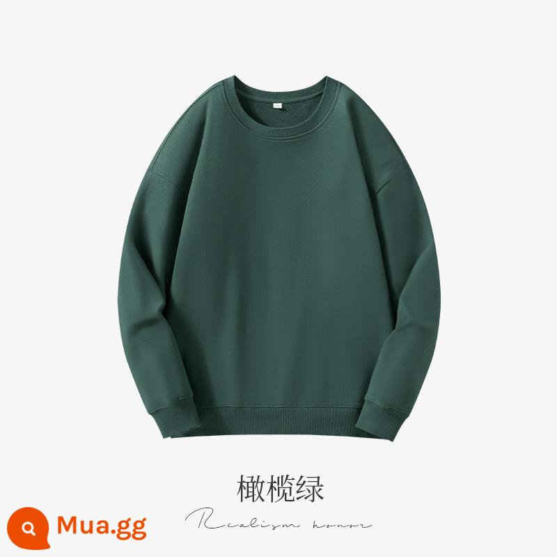 Cổ tròn cotton dày T tùy chỉnh in logo mùa thu đông dày công sở tùy chỉnh thêu bông nguyên chất thả vai tay dài đội quần áo - màu xanh ô liu