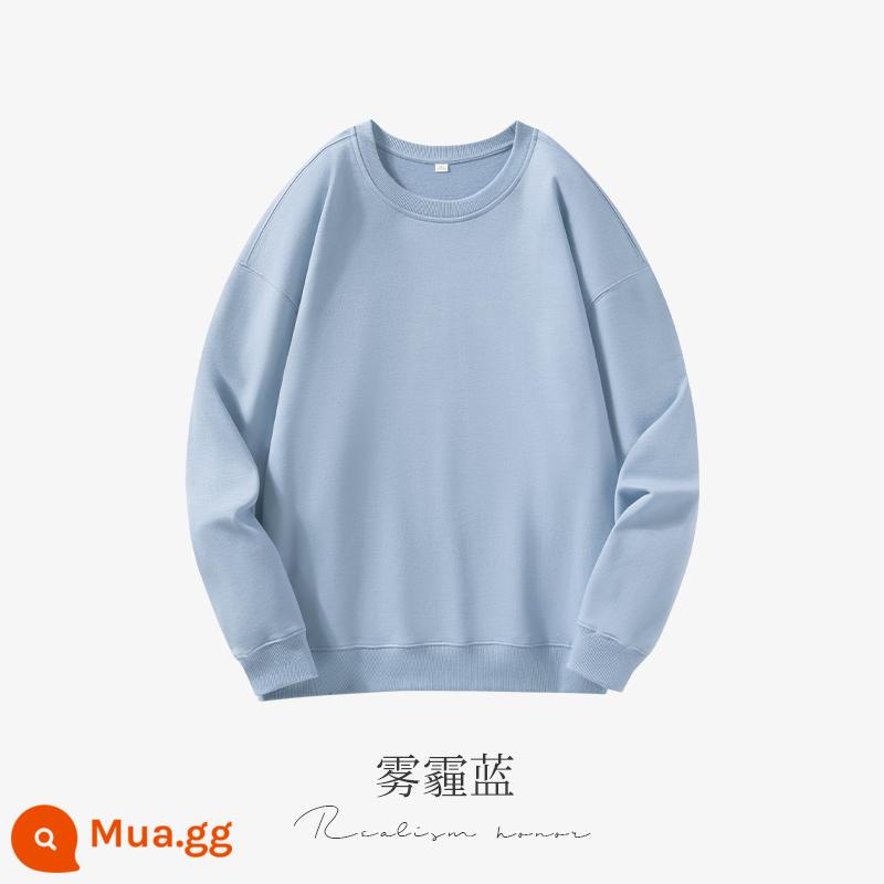 Cổ tròn cotton dày T tùy chỉnh in logo mùa thu đông dày công sở tùy chỉnh thêu bông nguyên chất thả vai tay dài đội quần áo - Haze Blue