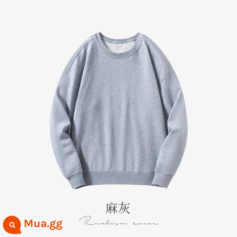 Cổ tròn cotton dày T tùy chỉnh in logo mùa thu đông dày công sở tùy chỉnh thêu bông nguyên chất thả vai tay dài đội quần áo - Tro