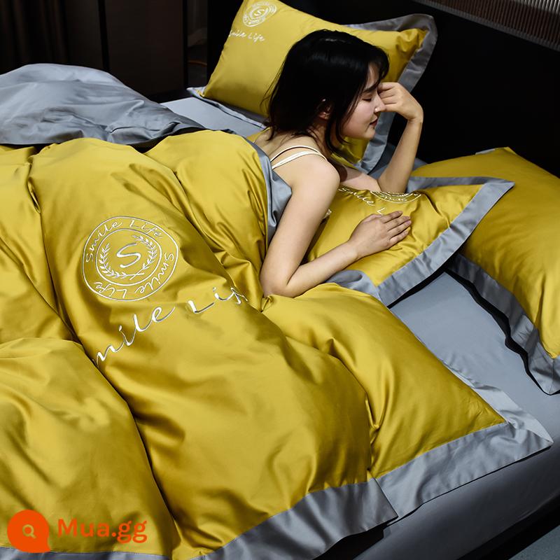 Cao cấp ánh sáng sang trọng dài chủ lực cotton cotton nguyên chất bốn mảnh 100 ga trải giường cotton chăn ga gối bốn mùa mùa hè phổ quát - Sago vàng + xám Odin