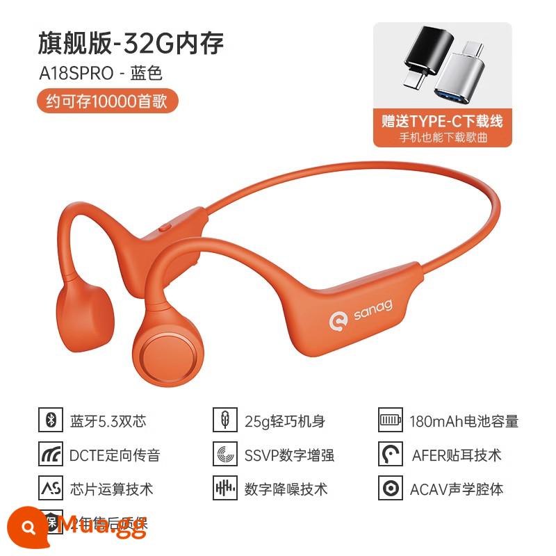 Sanag Sena True Bone Conduction Tai nghe Bluetooth không dây cảm ứng khí thể thao Running Ear-Hook - Phiên bản hàng đầu: Cam [Bộ nhớ 32G + Chất lượng âm thanh không bị méo tiếng HiFi + Giảm tiếng ồn kỹ thuật số DESE]