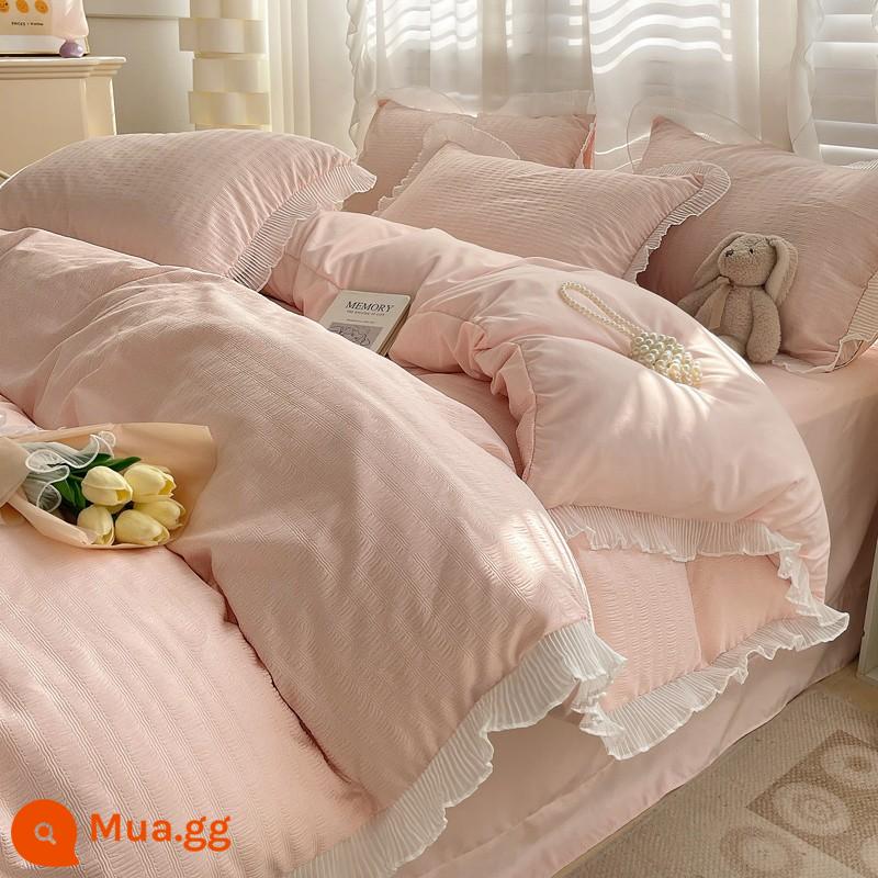 Phong Cách Hàn Quốc Công Chúa Fengshui Bộ Bốn Món Cotton Giặt Bộ Chăn Ga Gối Không Cotton Nguyên Chất Vỏ Chăn Bộ Ba Món - Kem Bubble-Hồng [Bộ đồ giường đã được kiểm tra chất lượng, hãy yên tâm mua hàng]