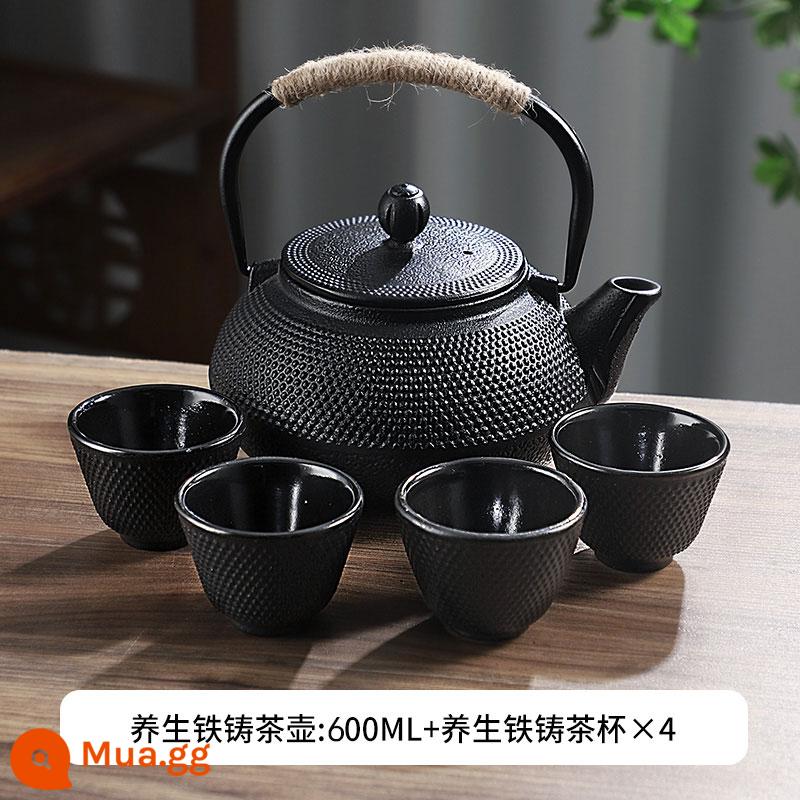 Phong cách gang kiểu Iron Pot sôi bong bóng nước thiết lập lò nung tinh thể đen - Ấm đun nước bằng gang-600ml+4 cốc nhỏ