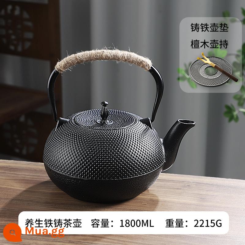 Phong cách gang kiểu Iron Pot sôi bong bóng nước thiết lập lò nung tinh thể đen - Ấm đun nước bằng gang-1800ml+kẹp chống bỏng+thảm ấm bằng sắt