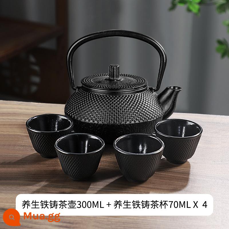 Phong cách gang kiểu Iron Pot sôi bong bóng nước thiết lập lò nung tinh thể đen - Ấm đun nước bằng gang-300ml+4 cốc nhỏ