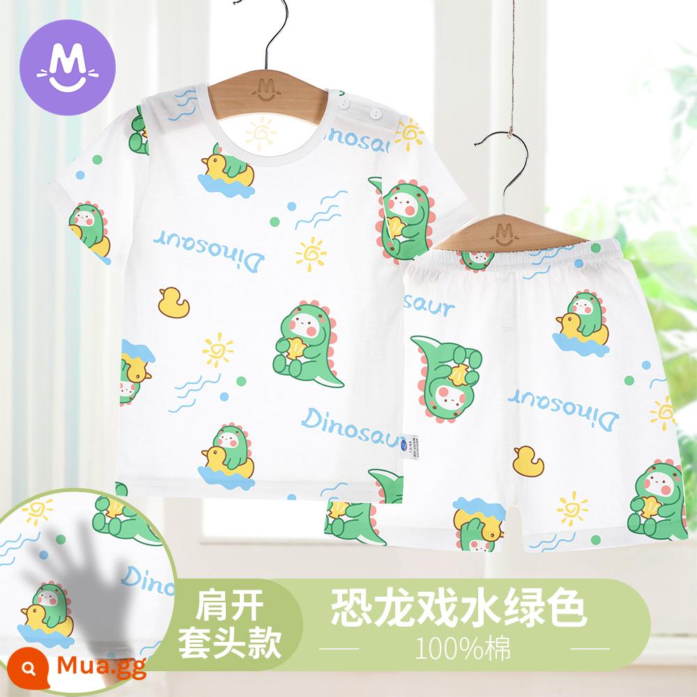 Bộ đồ ngủ ngắn tay mùa hè cho trẻ em Bộ quần áo điều hòa không khí cho bé gái cotton nguyên chất mỏng phần bé trai trẻ sơ sinh quần áo mùa hè dịch vụ tại nhà - khủng long xanh