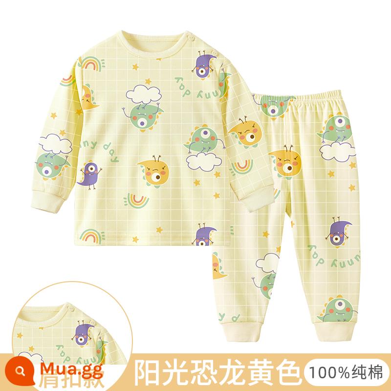 Bộ quần áo thu đông cho bé, quần lót trẻ em cotton nguyên chất, quần vệ sinh bé trai, đồ ngủ cotton, áo len cotton, kiểu dáng ấm áp cho bé gái - Khủng long màu vàng