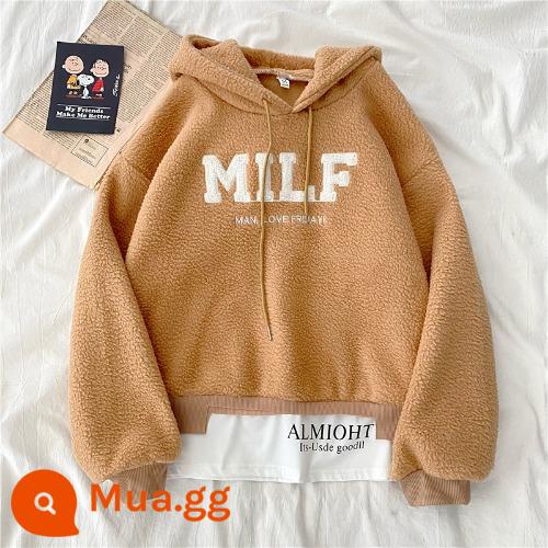 Bộ đồ thể thao Velvet mùa đông Cô gái 2021 Học sinh trung học cơ sở New Junior Lamb Cashmere Cotton dày hai bộ - Áo lông cừu kaki[6129]