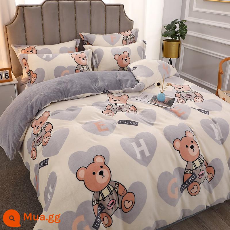 Làm dày mùa đông nhung san hô vỏ chăn đơn mảnh nhung sữa sang trọng mẫu giáo trẻ em Plus nhung flannel vỏ chăn đôi - Nhung sữa dày ôm gấu