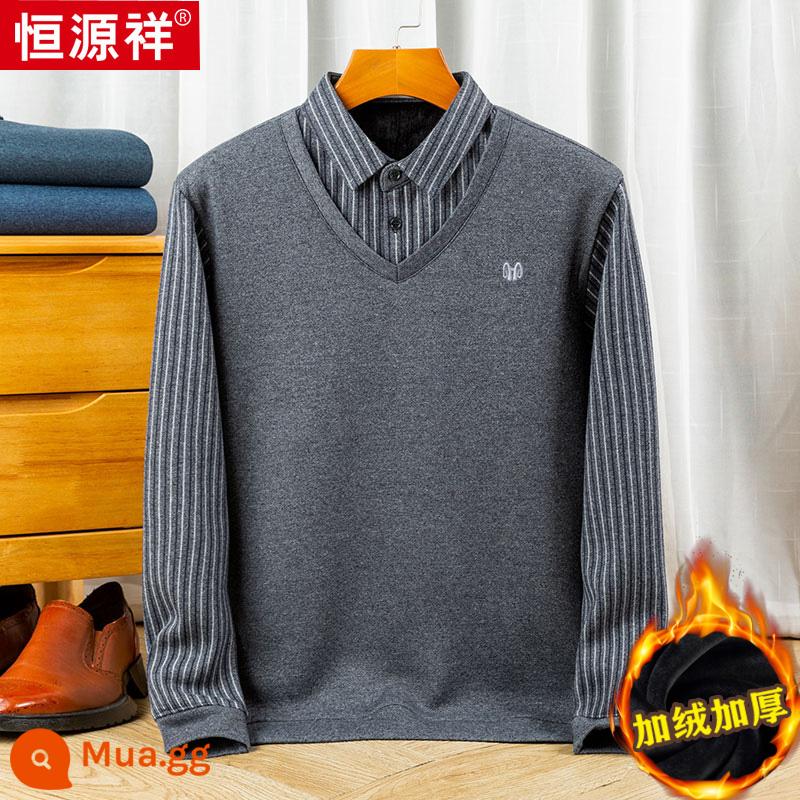 Hengyuanxiang áo len cashmere nguyên chất giả áo len hai mảnh nam trung niên len cổ áo sơ mi cộng với nhung dày đan ấm áo khoác - C2 màu xám