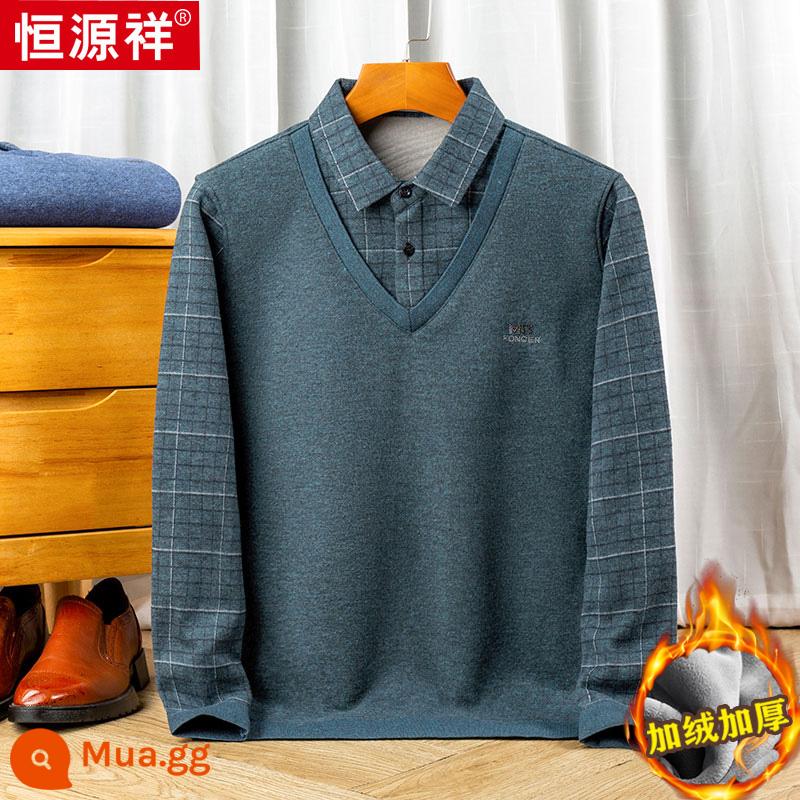 Hengyuanxiang áo len cashmere nguyên chất giả áo len hai mảnh nam trung niên len cổ áo sơ mi cộng với nhung dày đan ấm áo khoác - 8816 màu xanh lá cây